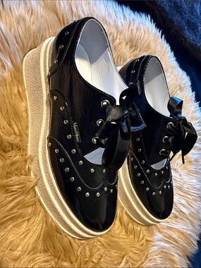 Marco moreo Black Patent Platform Brogue Oxfords with White Sole